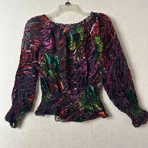 Nygard Top blouse S Burnout Velvet velour Smocked sheer elastic dark fairy‎ goth